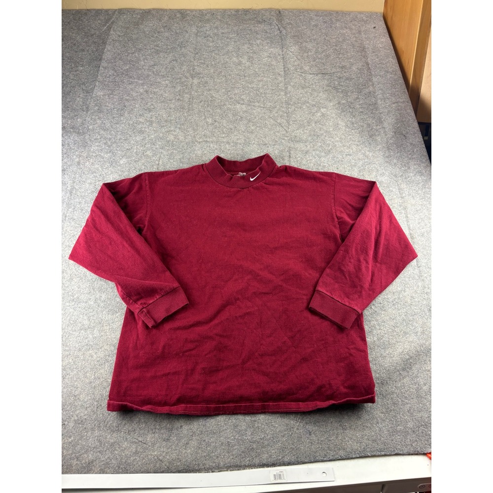 Vintage Nike Mock Neck Long Sleeve Shirt Maroon Burgundy Embroidered Swoosh L